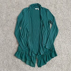 LOGO Lori Goldstein Cardigan Size XXS Green Open Front Asymmetrical Ruffle Hem